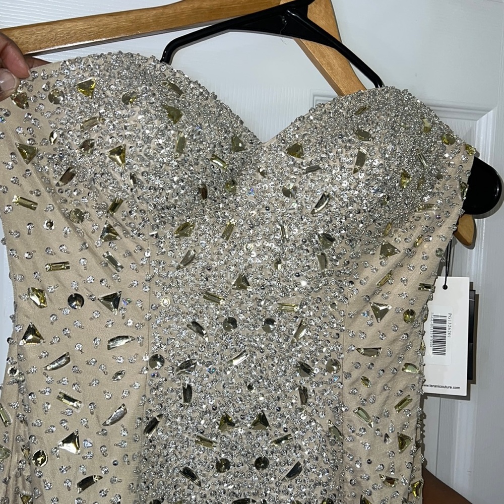 Glamour by Terani Couture mermaid grey w/nude lining,bodice:jewels,beads,crystal